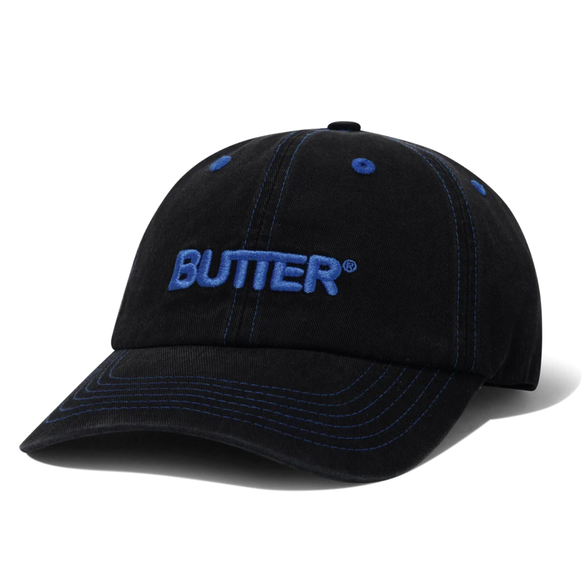 Butter Goods - Rounded Logo 6 Panel Cap - Washed Black/Blue Logo