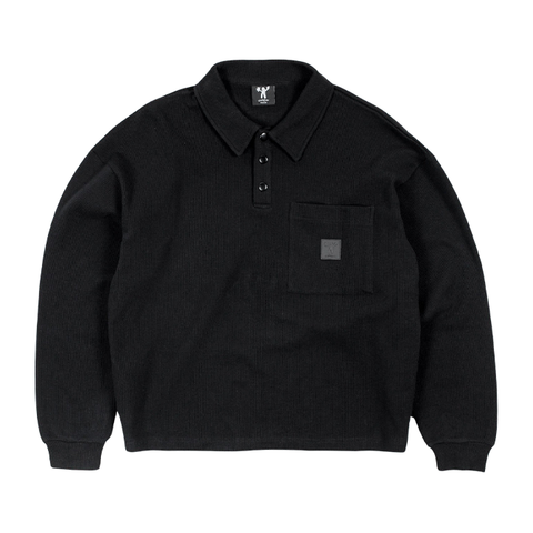 Candice - Waffle Knit Longsleeve Polo - Black