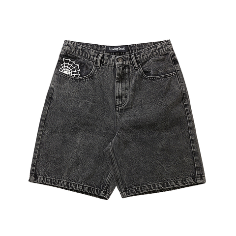 Crawling Death - Web Denim Shorts - Acid Wash Black